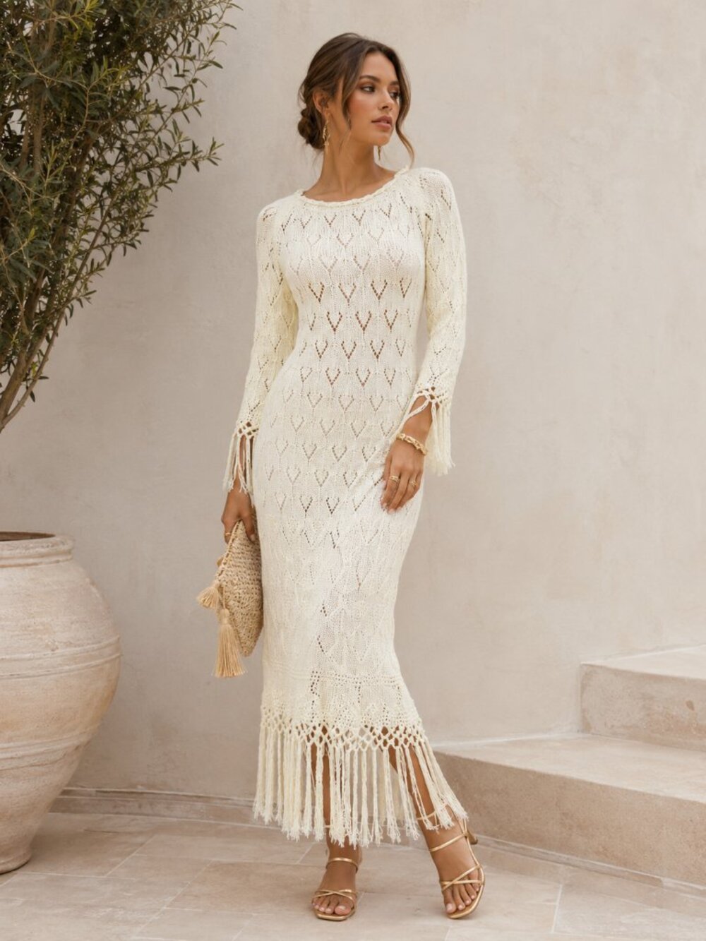 NWT Hand Knit Crochet Dress Long Sleeve pointelle maxi dress Cream Ivory Size S